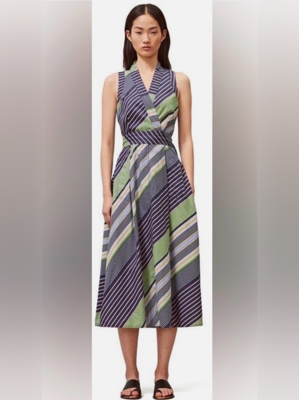 Tory Burch Summer Field Day Bias Wrap Dress 2 Striped All Over Print Long Belt